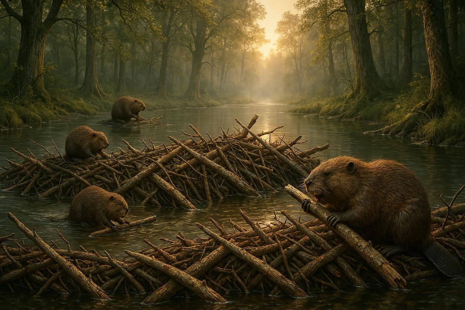 Beavers building their dam