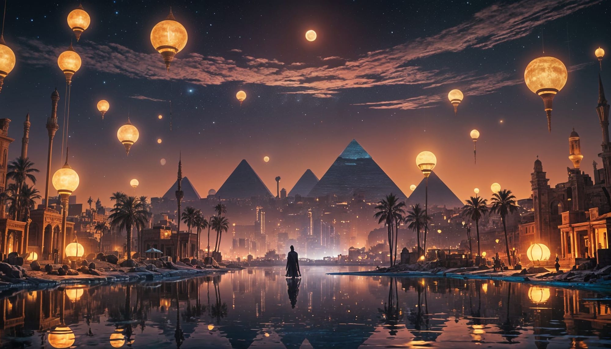 The skyline of Egypt. Epic Scene, sparkling magical cosmic moonlit lake, macabre, triadic colors, 4K, 3Delight, detailed, magical, ultra sha...