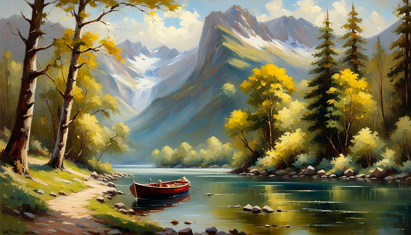 An oil painting of a peaceful waterscape, with a river flowing through trees. The water reflects the ...  by @Hugo Raul