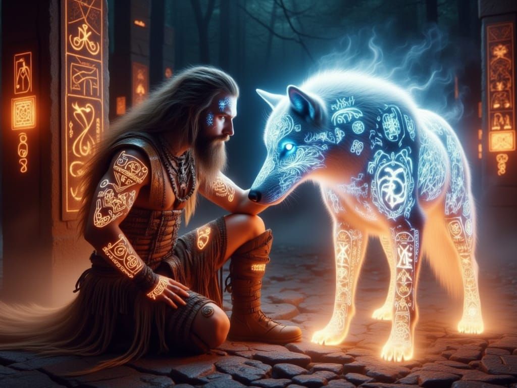 <lora:FiosRuneMagic:1.0> Viking Warrior and Tribal Spirit Rune Wolf