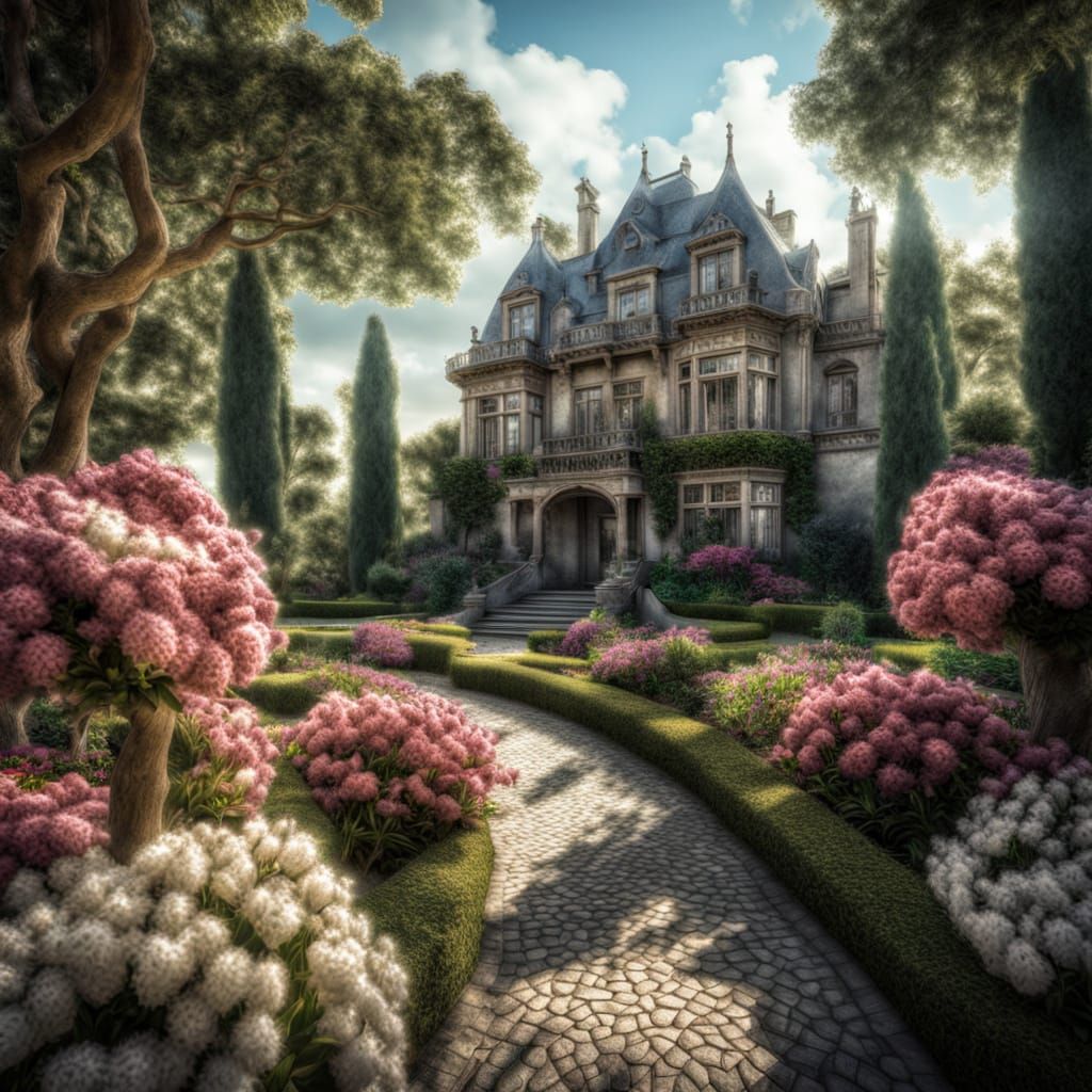 A mansion in a botanical garden with flowers and trees. intricate details, HDR, beautifully shot, hyperrealistic, sharp focus, 64 megapixels...