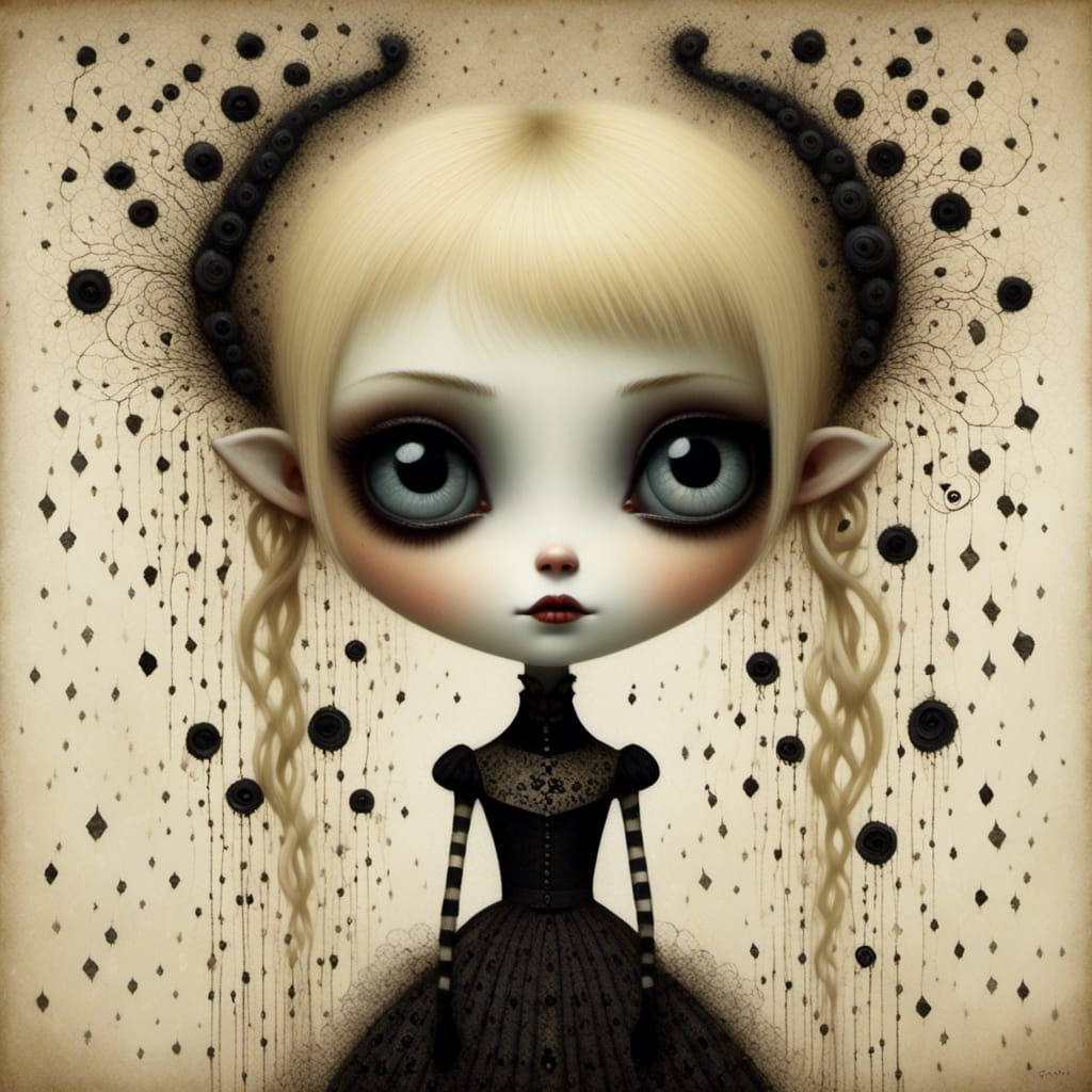 close up portrait woman, blonde hair wearing gothic-punk dress, , by Andy Kehoe and Tim Burton<lora:GothicDream:1.0>