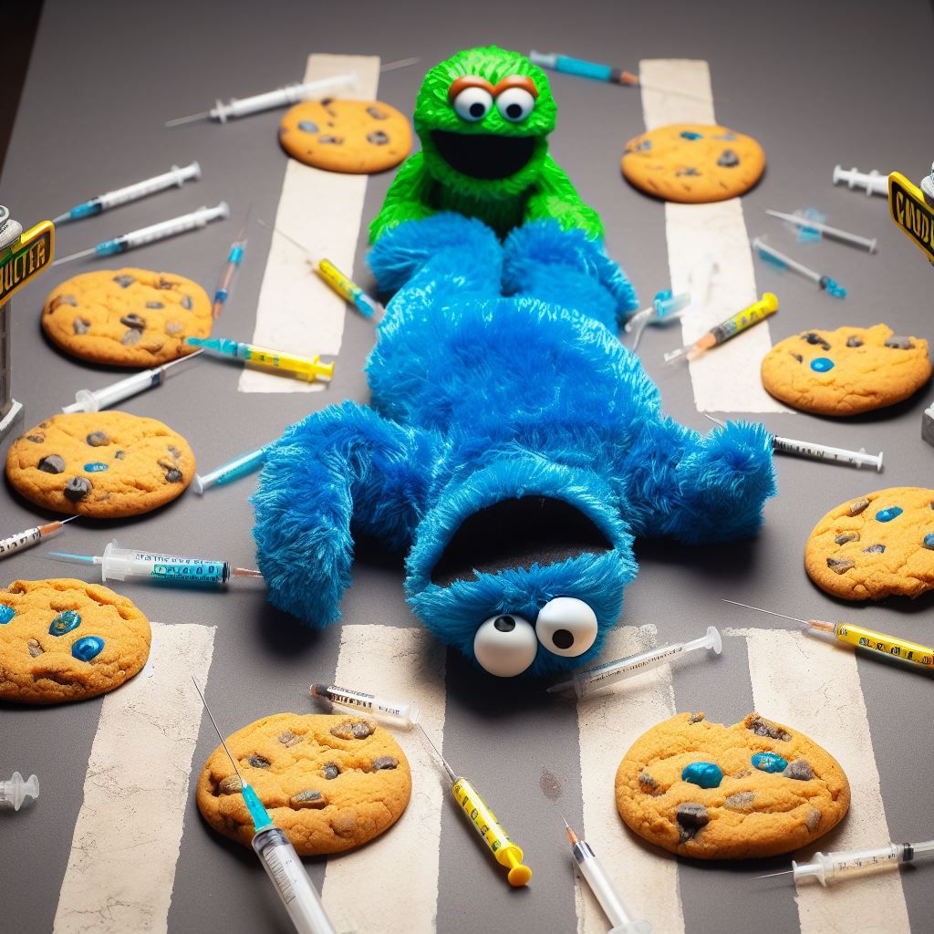 Cookie Monster and his diabetic syringes and workout program to lose weight