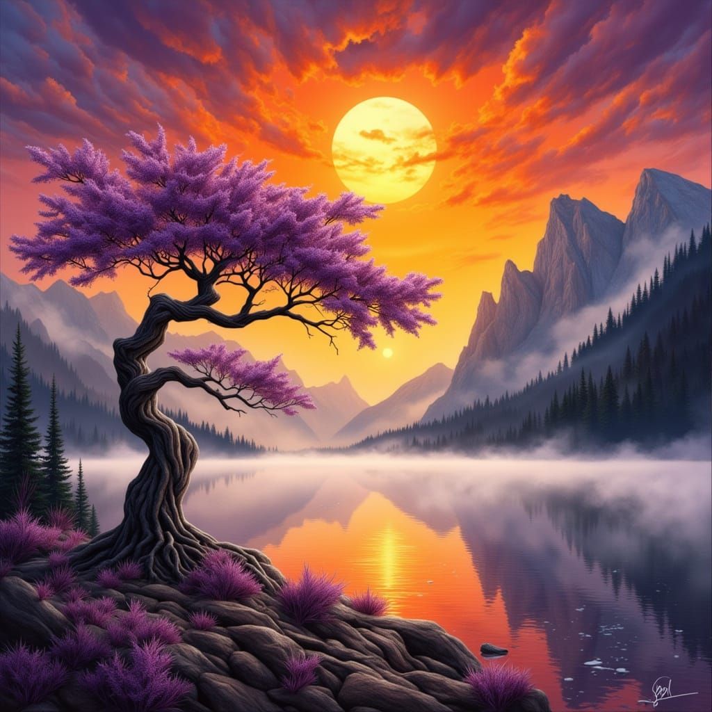 <lora:MarvModel:1.0> 

Create a surreal watercolor landscape featuring a lone tree with midnight purple blossoms standing on the edge of a m...