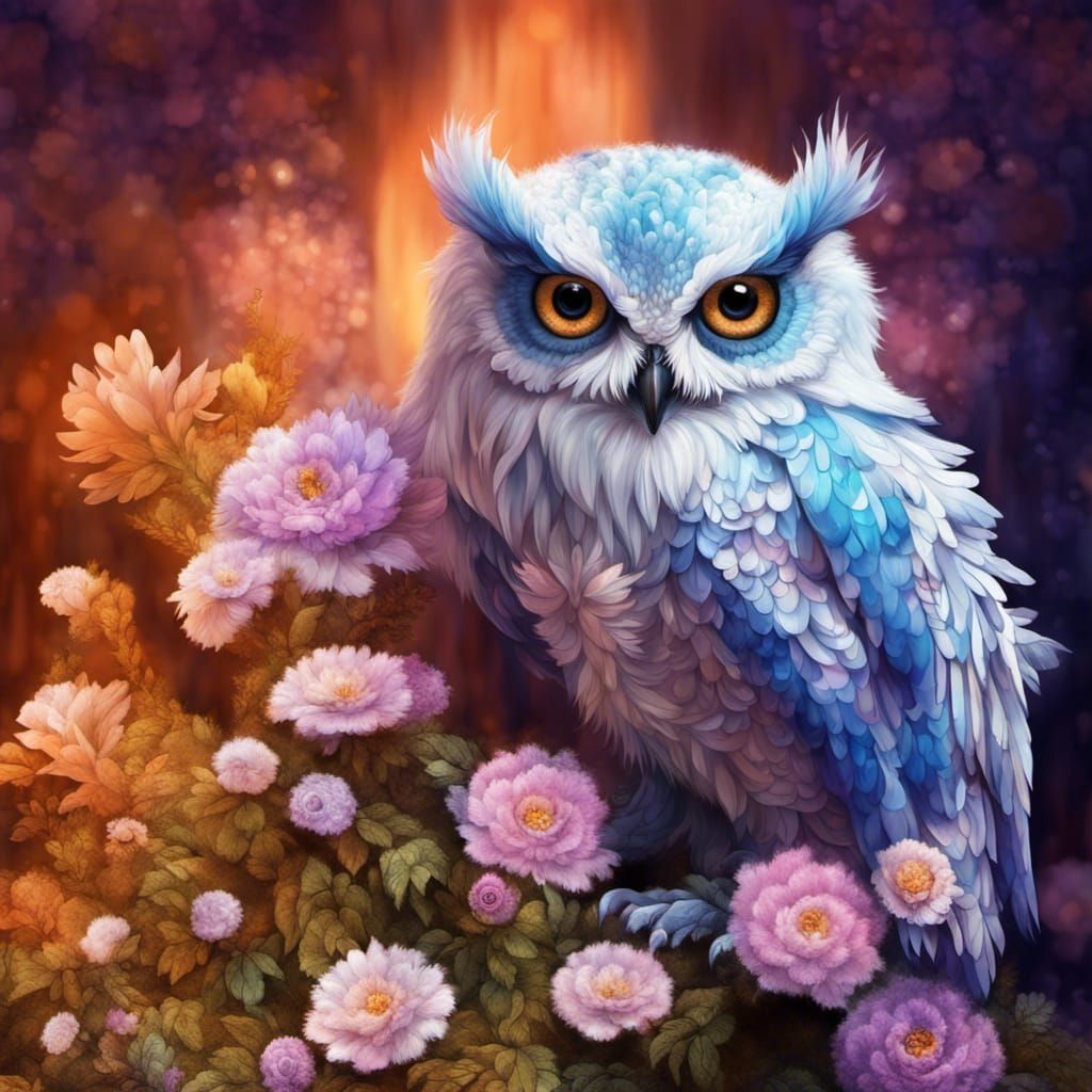 Intricate Cute blue fluffy owl, Open eyes, fractal flowers, ...
