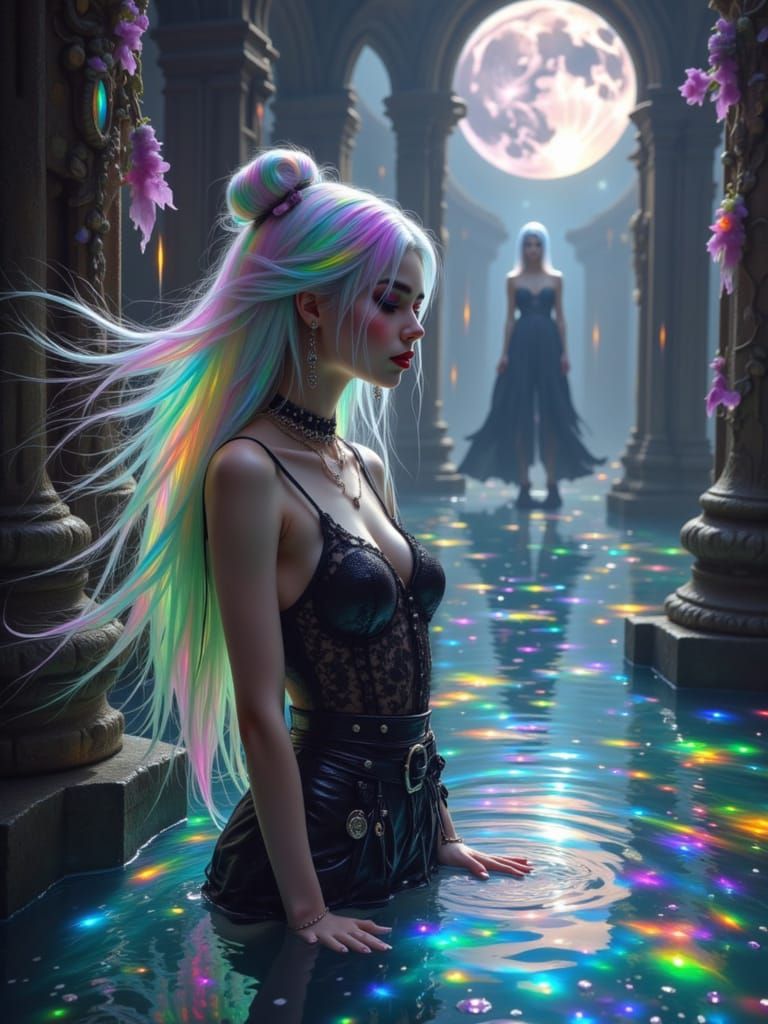 Witch Learning Magic in Iridescent Pool