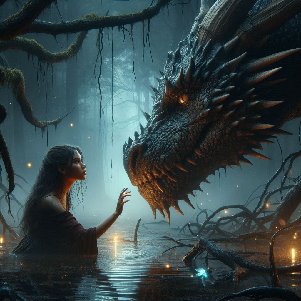 A young woman and dragon.