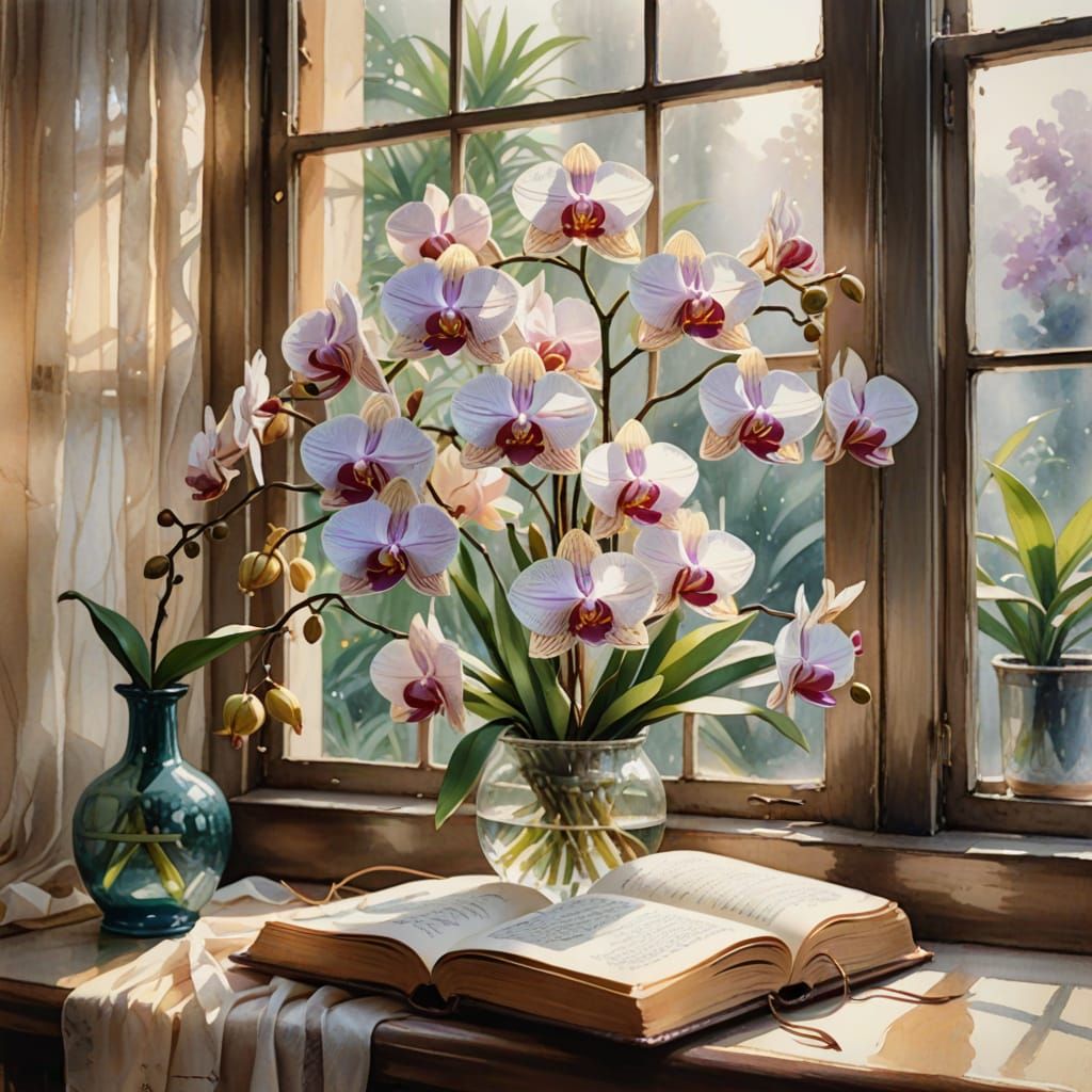 Beautiful watercolor painting: A large bunch of beautiful orchids tied with brown botanical string with ...  by @Bushra