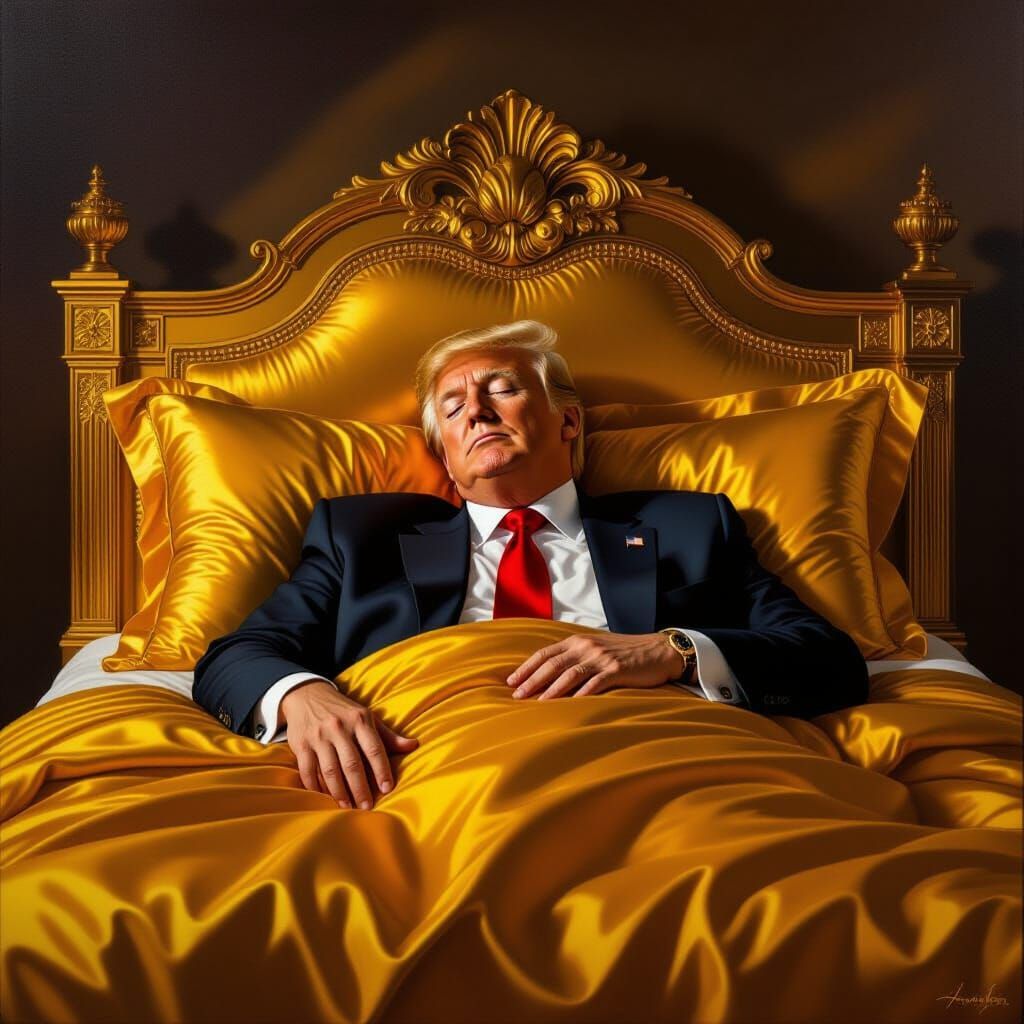 Donald Trump Sleeping in Opulent Golden Bed