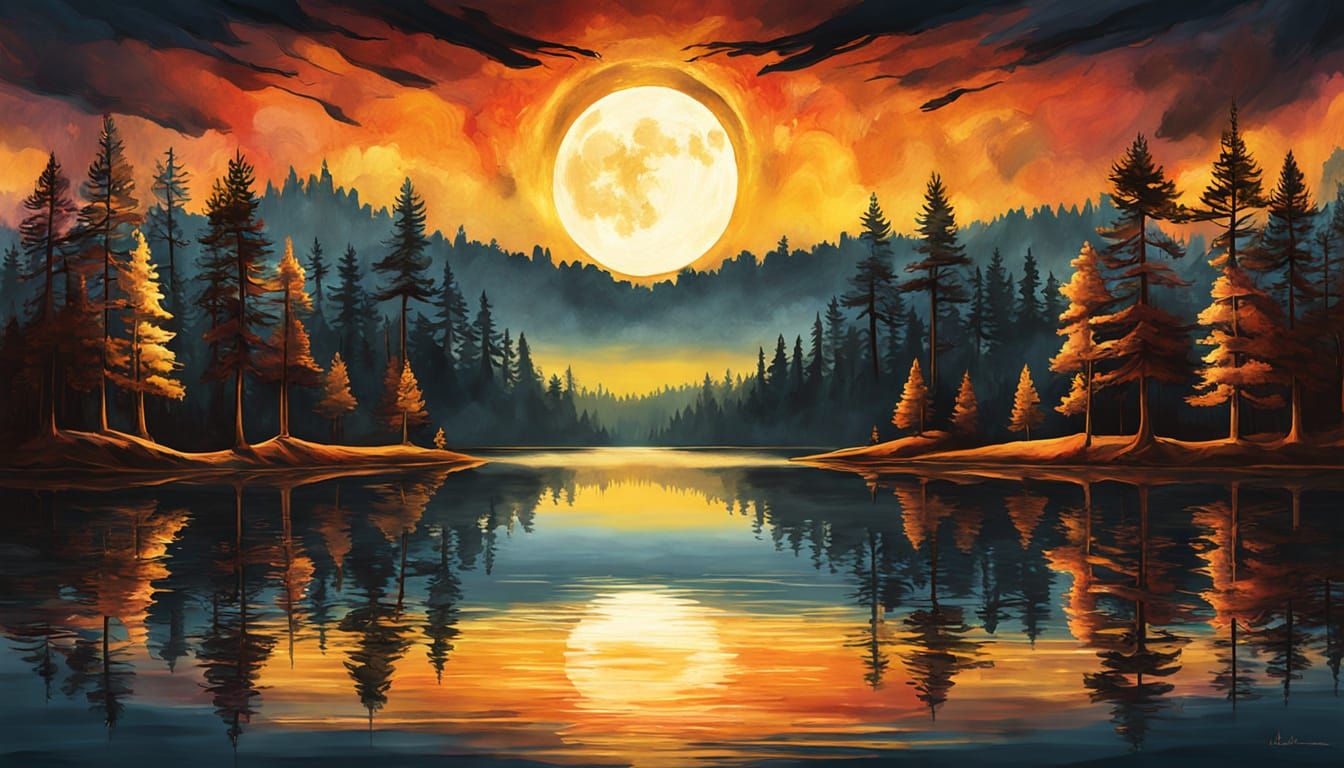 "A surreal and epic landscape digital painting. A symmetrical solar eclipse is perfectly reflected on a perfectly still lake. Silhouetted pi...