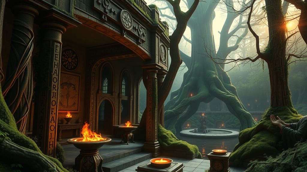 An ultra-detailed, 8K cinematic rendering of an ancient elven sanctuary hidden deep within a mystical forest. Towering, moss-covered stone a...