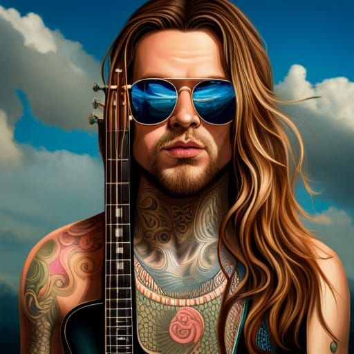 A realistic portrait of a tattoed bassguitarrist with long h...