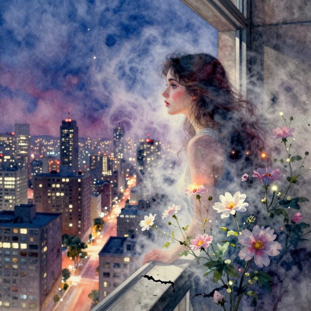 An ethereal woman, her form partially obscured by swirling mist, gazes out from a high-rise apartment ...  by @Fallgirl2828