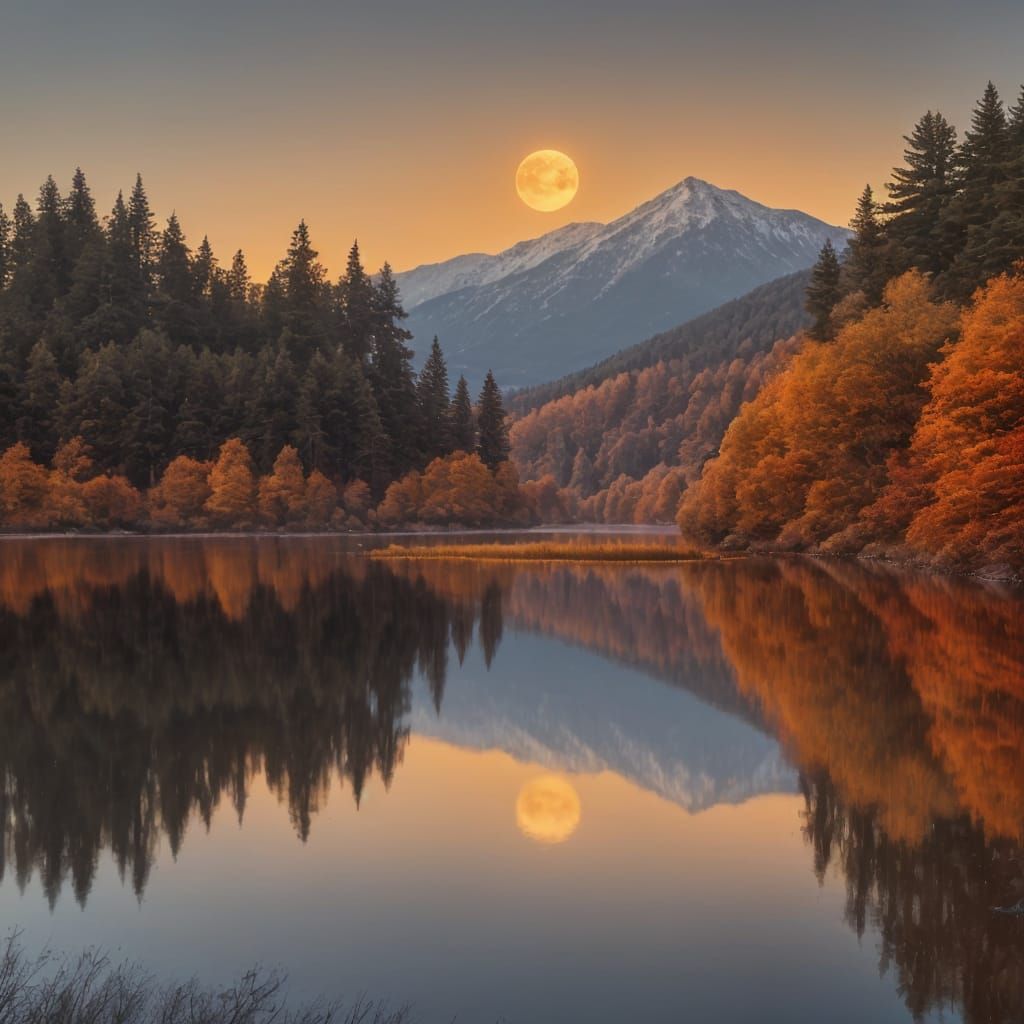 A serene autumn landscape where a tranquil lake mirrors a massive, glowing full moon dominating a starry, twilight sky. Tall trees with vibr...