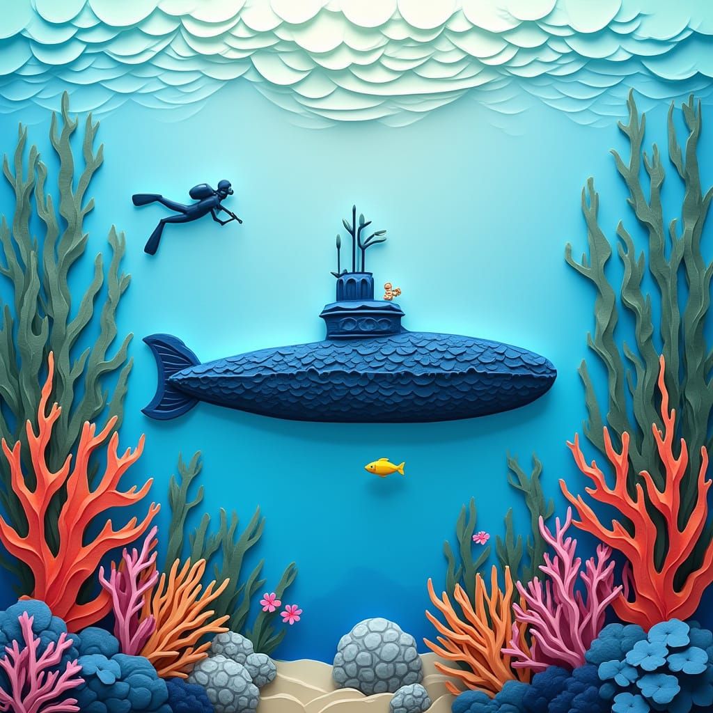 Paper Submarine with Corals and Diver