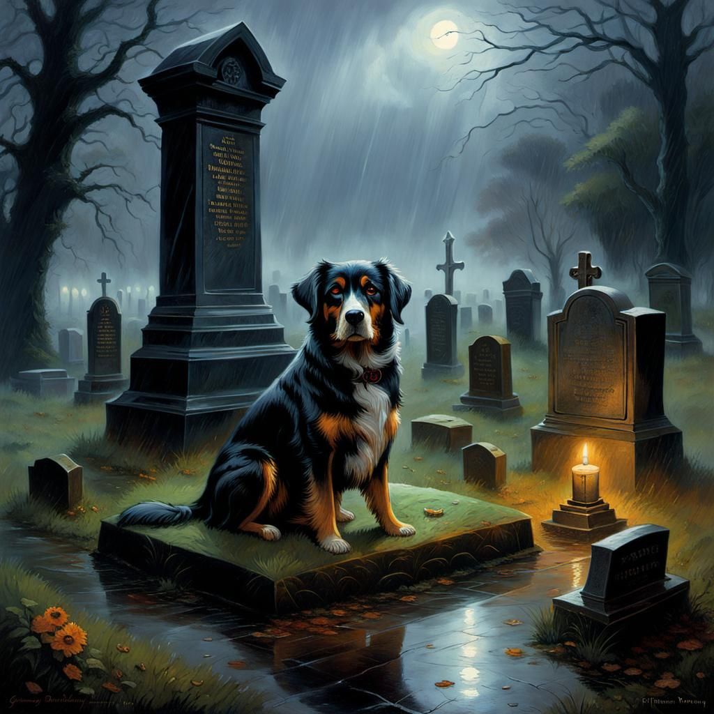 An old dog lays by a gravestone