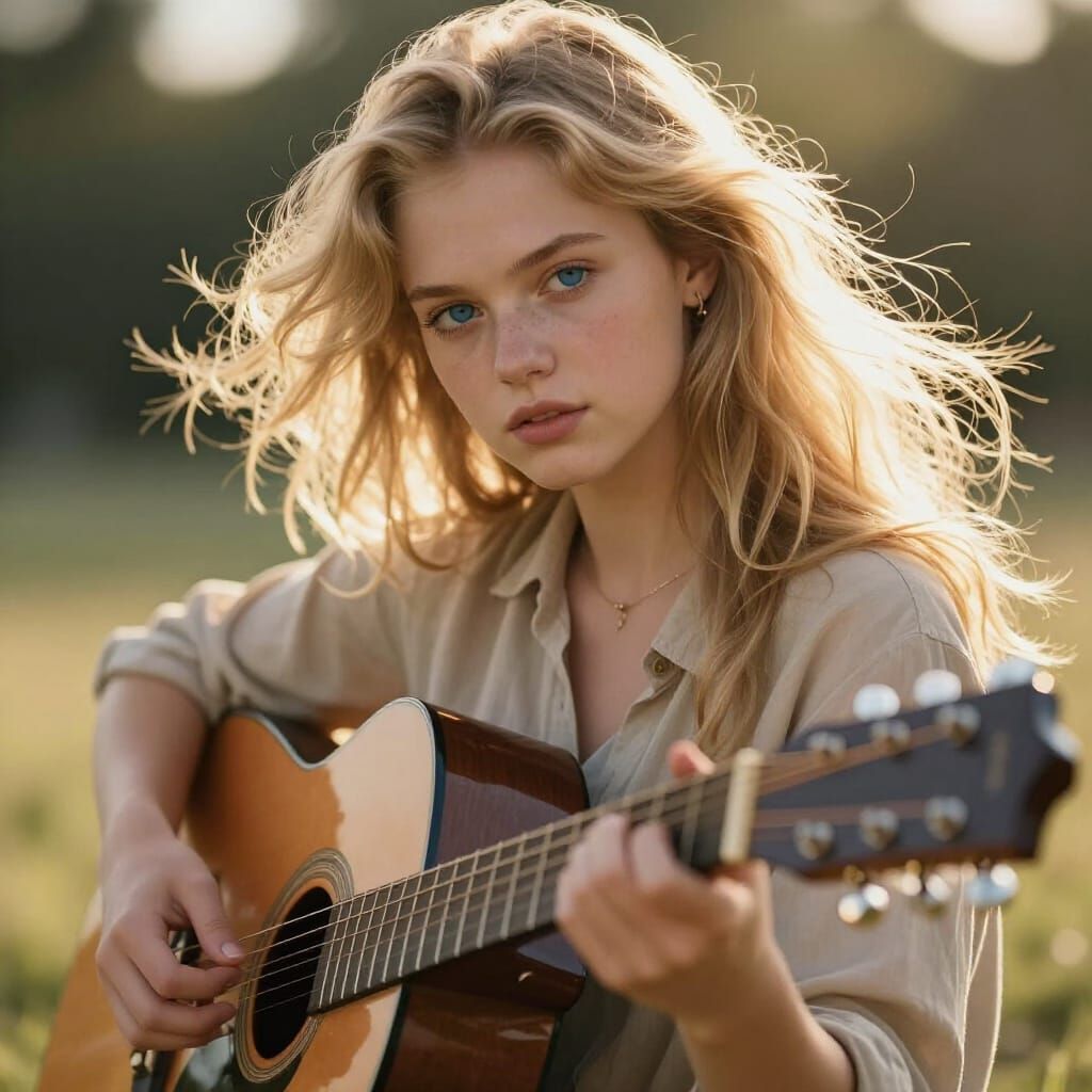 Hyperrealistic Portrait of a Blonde Girl Playing Guitar