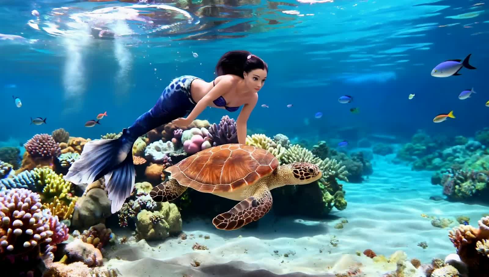 A mermaid and a turtle swimming through the currents.