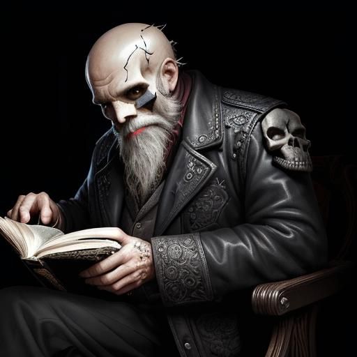 an old man reading a black leather bound tome, the skull vis...
