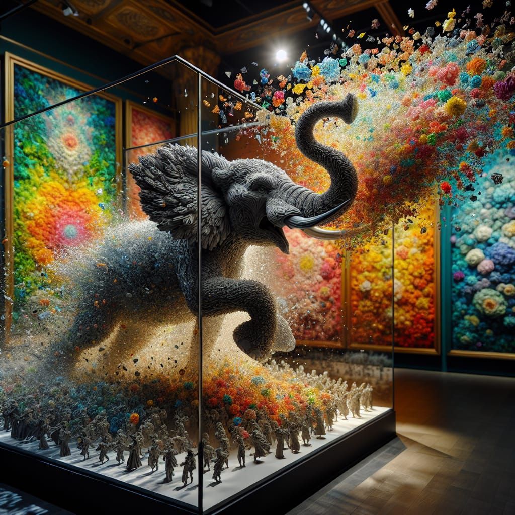 Elephant Shatters Floral Display: Hyperrealistic Concept Art
