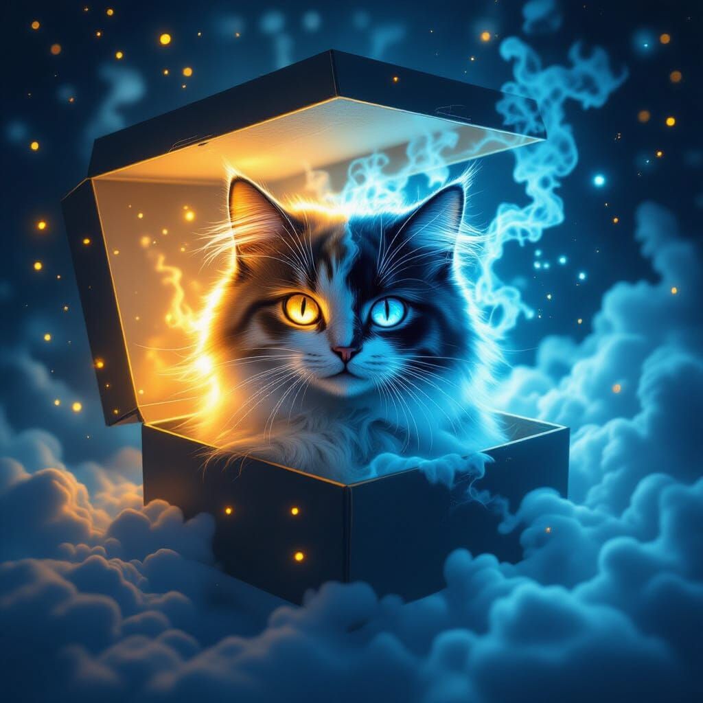 A surreal painting of Schrödinger's cat inside a half-open box. One side of the cat appears alive — bright, glowing eyes, soft fur, surround...