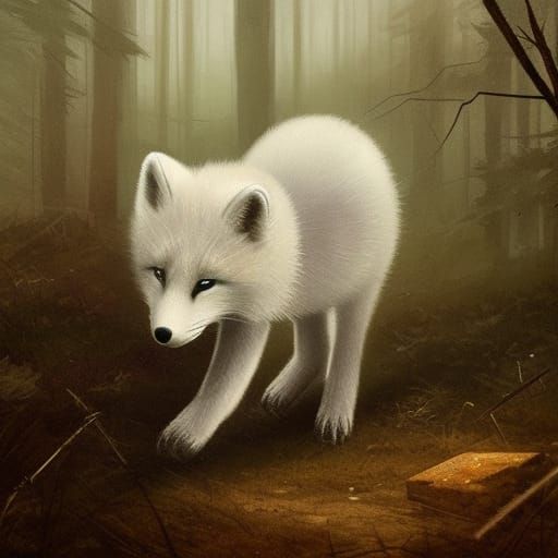 A small baby arctic fox wandering a forest at night with a i...