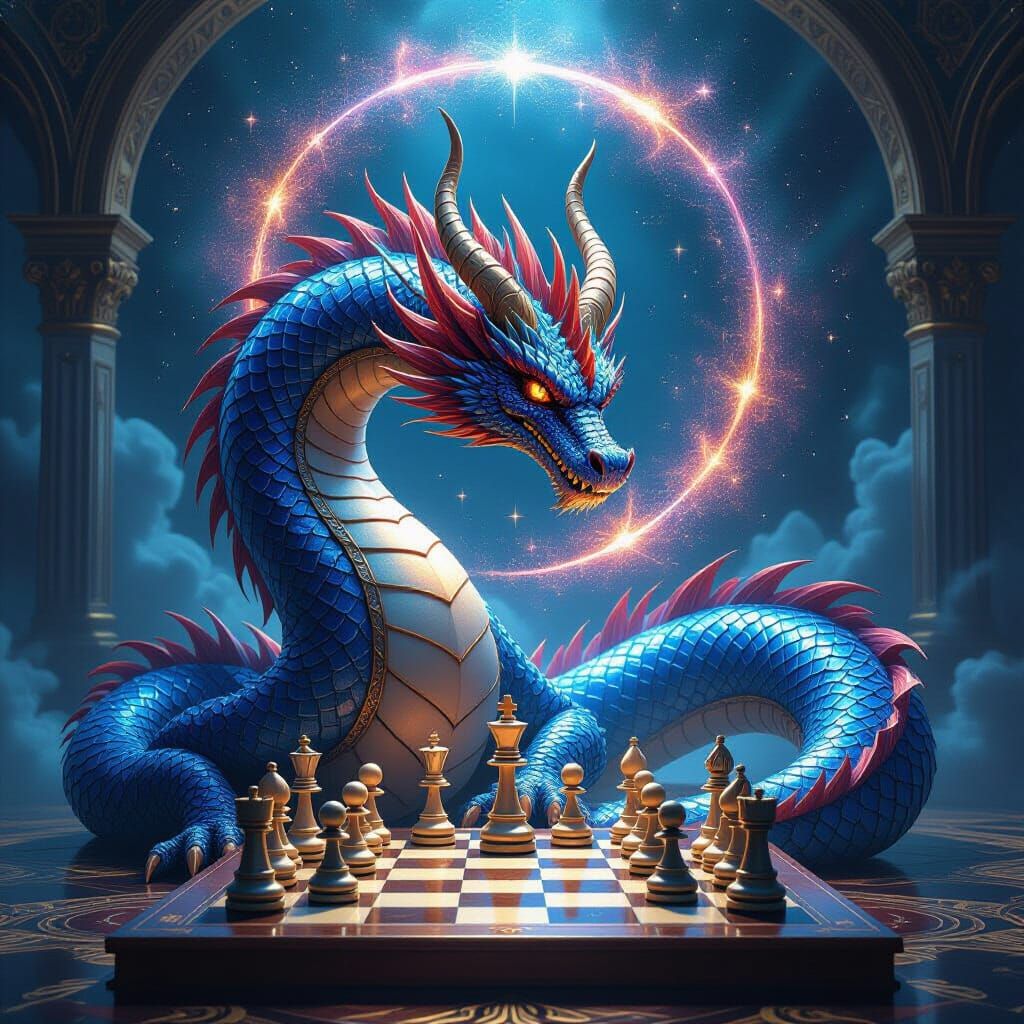 Celestial Dragon Plays Chess in Dark Fantasy Style