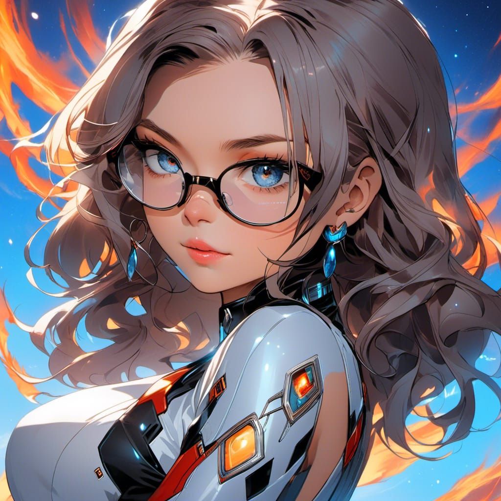 <lora:Rockabillion:1.0>  Close up portrait of a gorgeous woman with glasses that have clear blue lenses, fire background