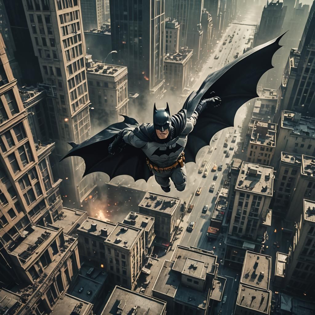 Batman flying trough the city of gothom