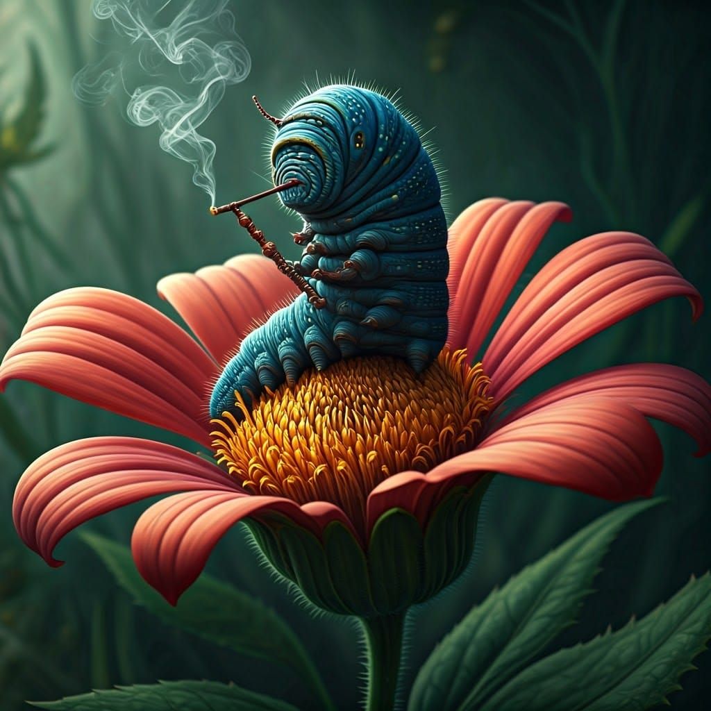 Hookah-Smoking Caterpillar on Flower: Digital Art