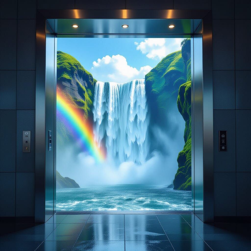 Elevator Opens to Majestic Waterfall and Rainbow