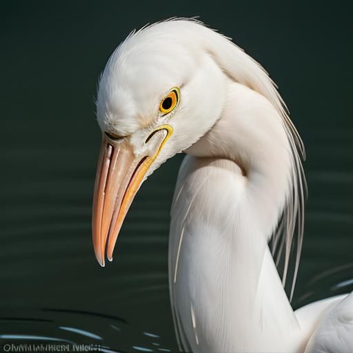 white heron with image reflected on water