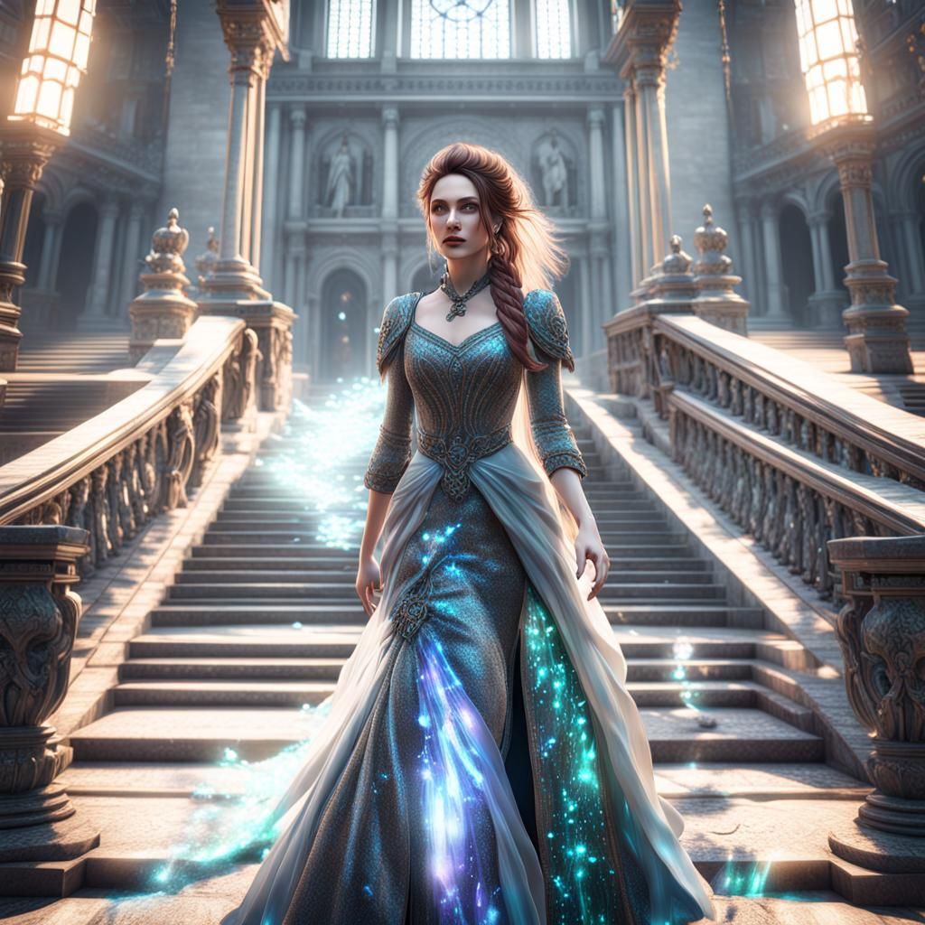 A young woman coming down a grand staircase is gothic dress ...