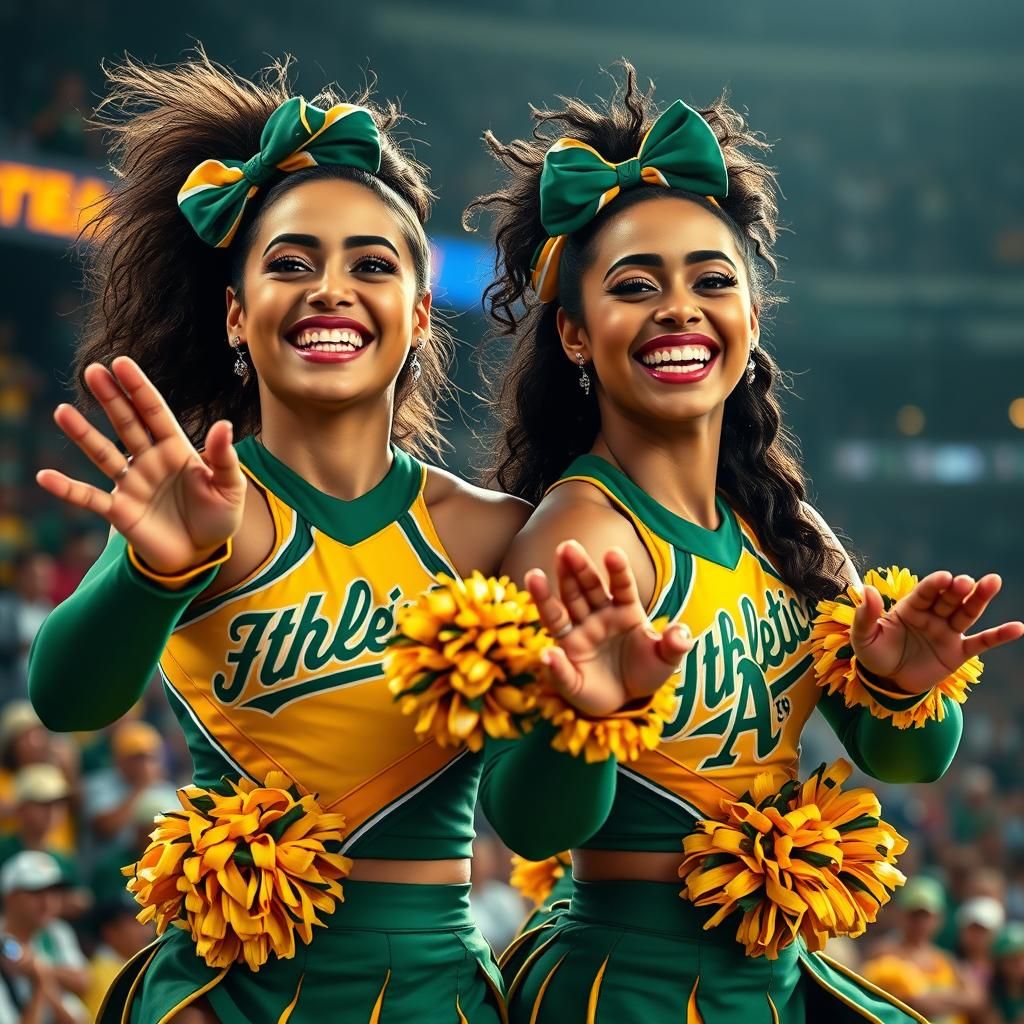 Oakland Athletics cheerleaders entertaining baseball crowd i...