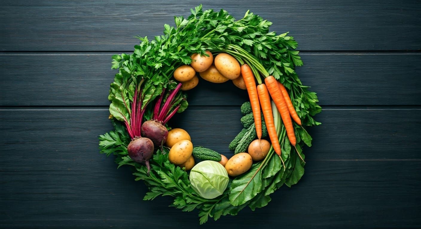 Round wreath. Vegetables. Cabbage. Potatoes. Parsley. Carrots. Beets