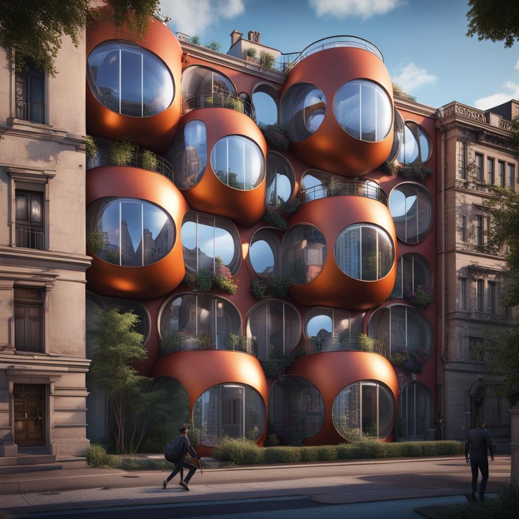 An apartment building made with bubble like windows, when you look inside you can see people moving about. ...  by @KRoseCarol