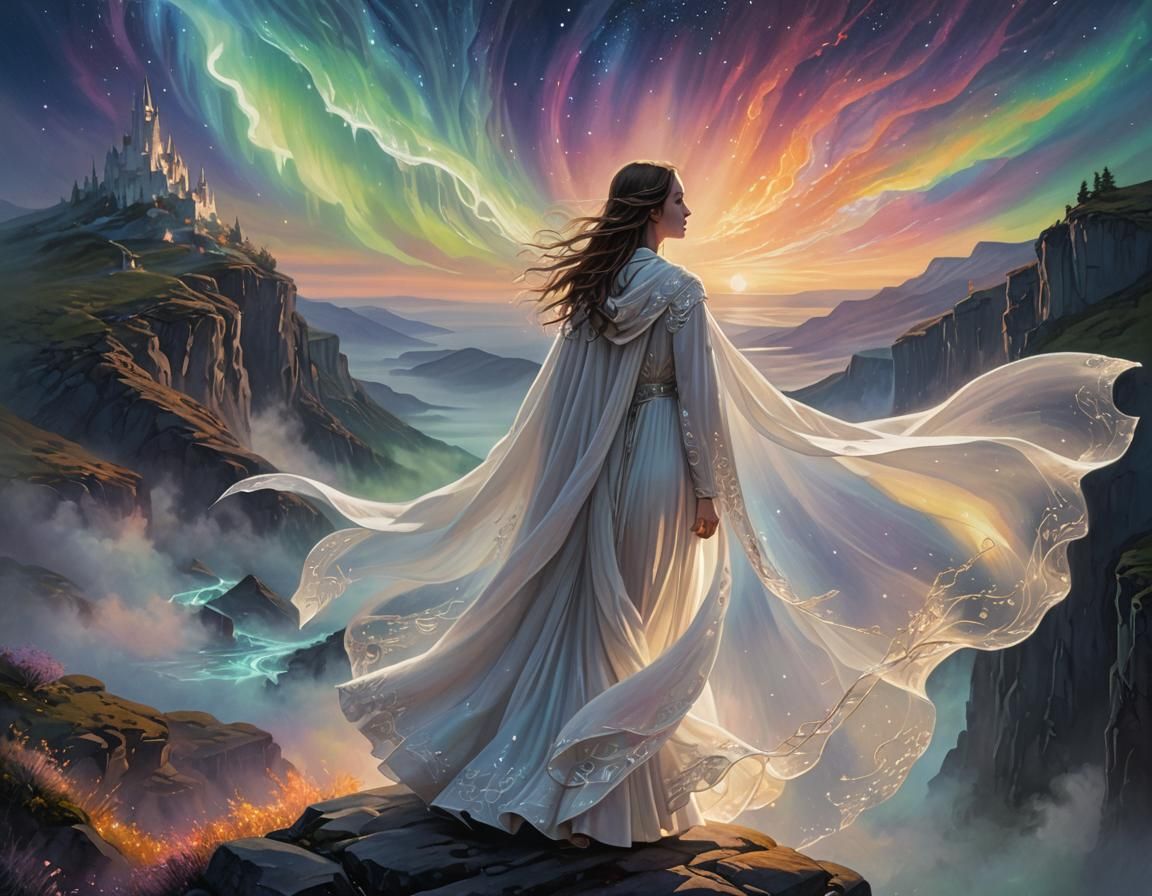 A young woman standing alone on a cliff's edge  by @Missysmom