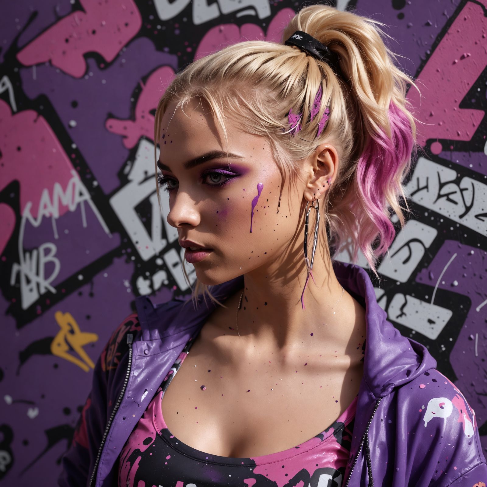 A woman with blonde hair wearing purple and pink hip hop clo...