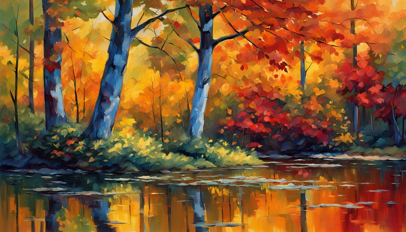 A vibrant painting of a forest scene with a stream, featuring colorful trees with dark red, orange, and yellow leaves, and a serene water re...