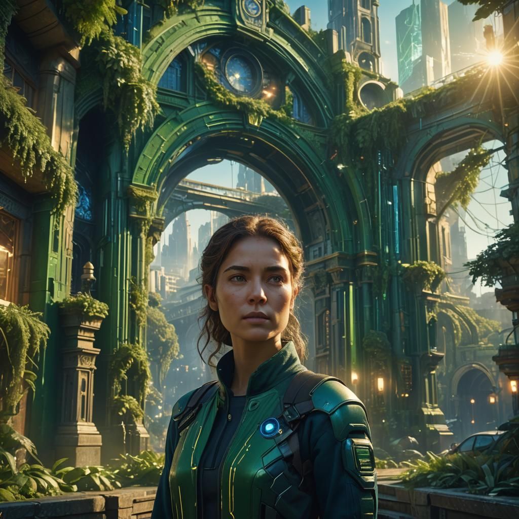 Mystical Future Cityscape with Woman in Green and Blue