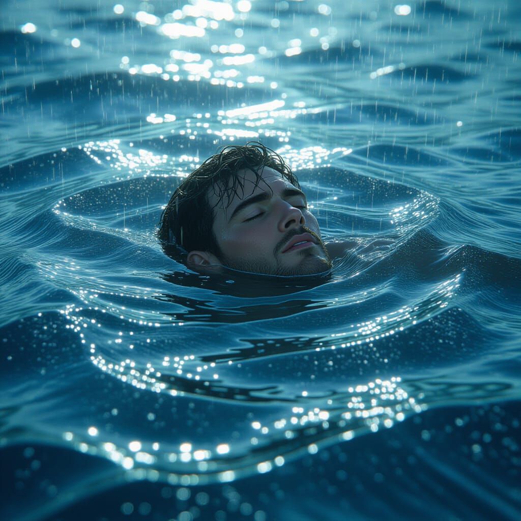 Man Drowning in Silver Sea: Hyperrealistic Digital Art