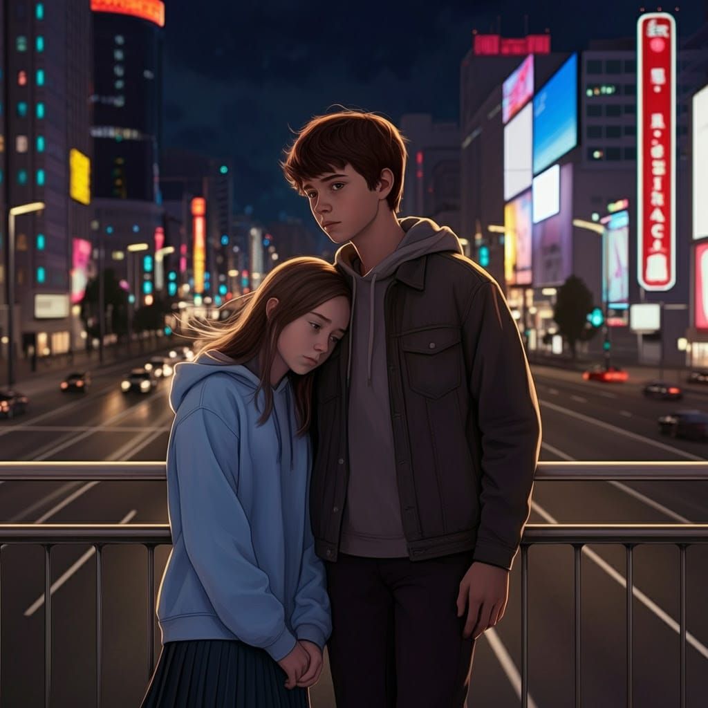 Teen Couple's Quiet Moment on City Pedestrian Bridge