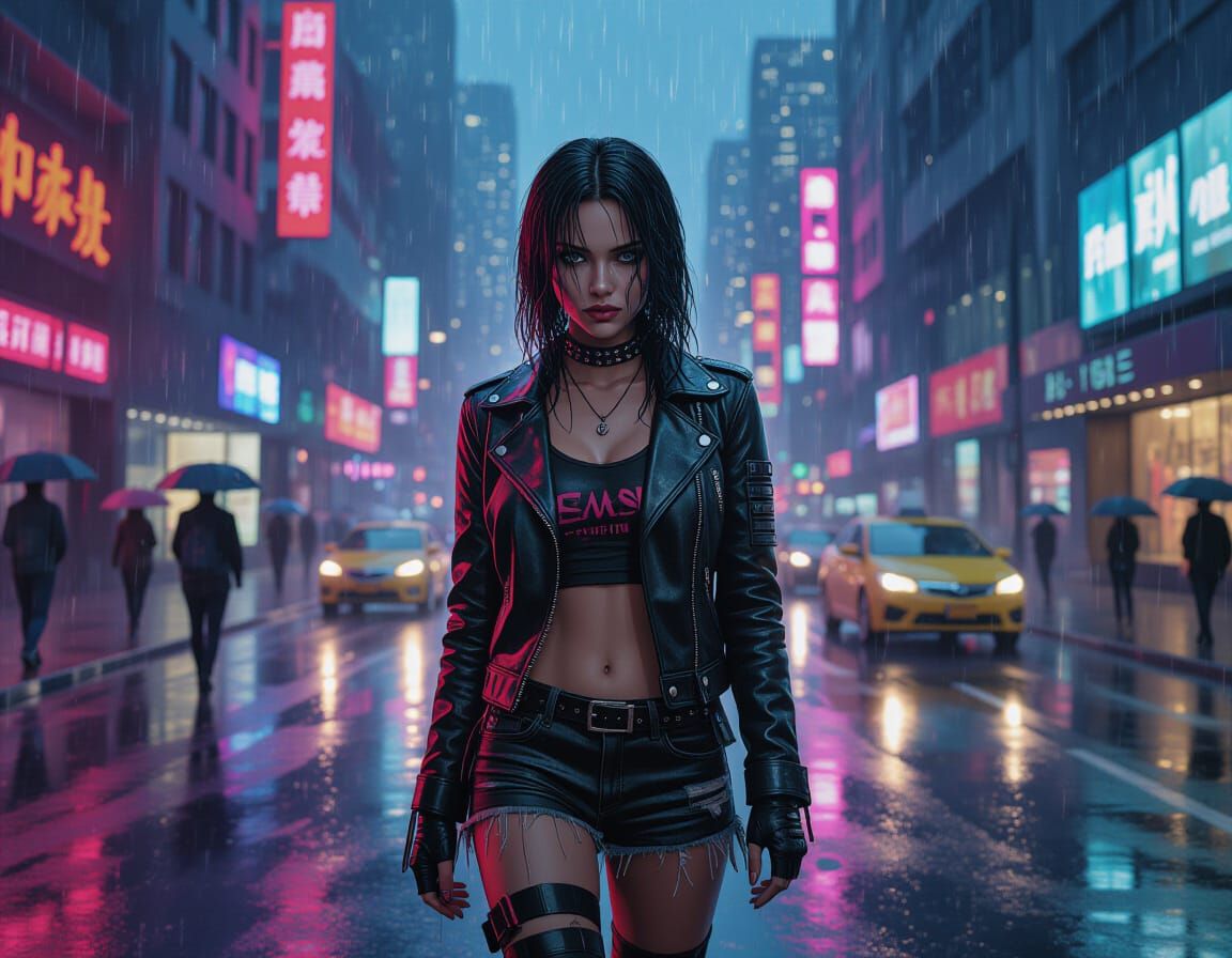 Tomboy Punk Woman in Neon City Downpour