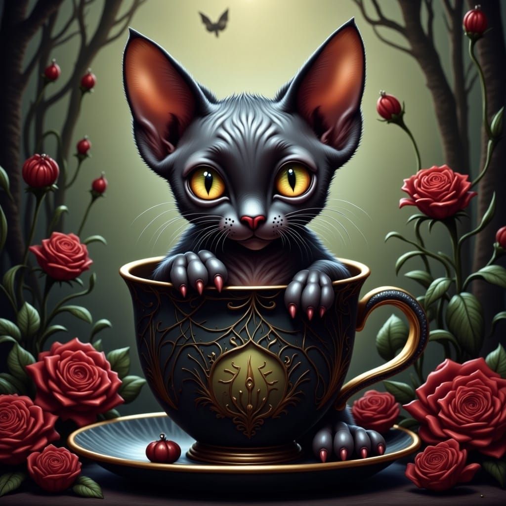 <lora:Flux Cute Big Eyes:1.0> Hairless kitten sitting in a teacup, macabre, odd strange, deep colors, dark colors, eerie black rose garden s...