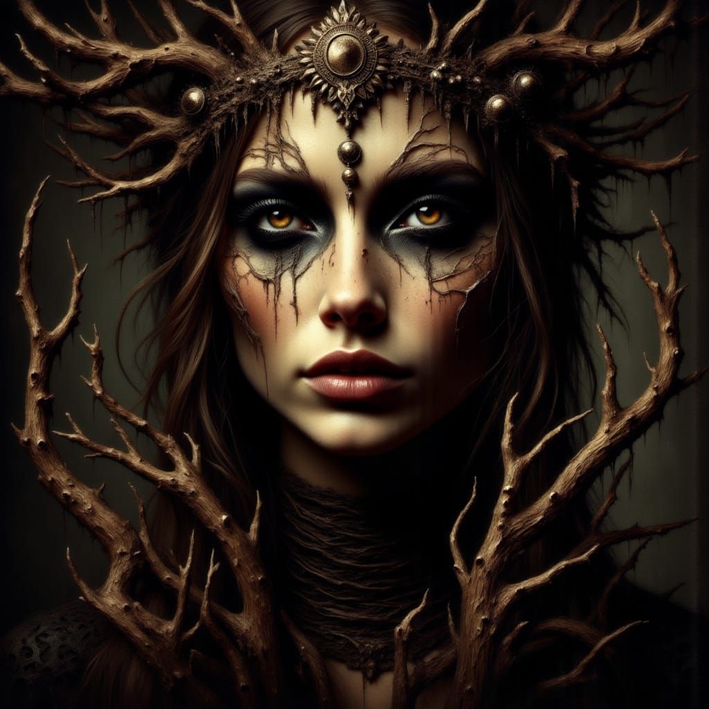 Navajo Deer Woman Portrait in Dark Fantasy Oil Painting Styl...