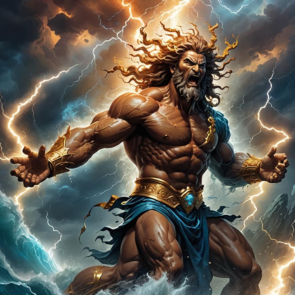 Zeus holds his lightning bolt in his hand and throws it at Poseidon, who screams in pain