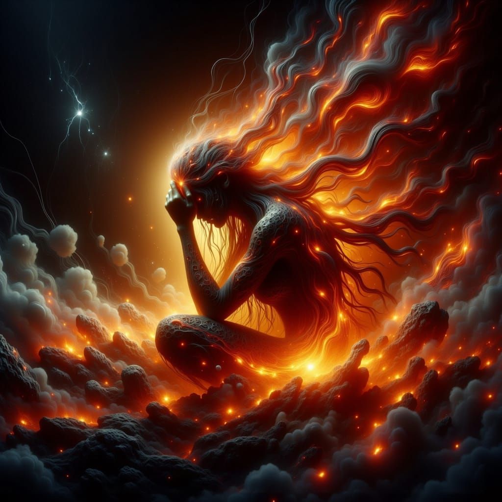 Surreal Norse Goddess Disintegrates into Flames in Hyperreal...