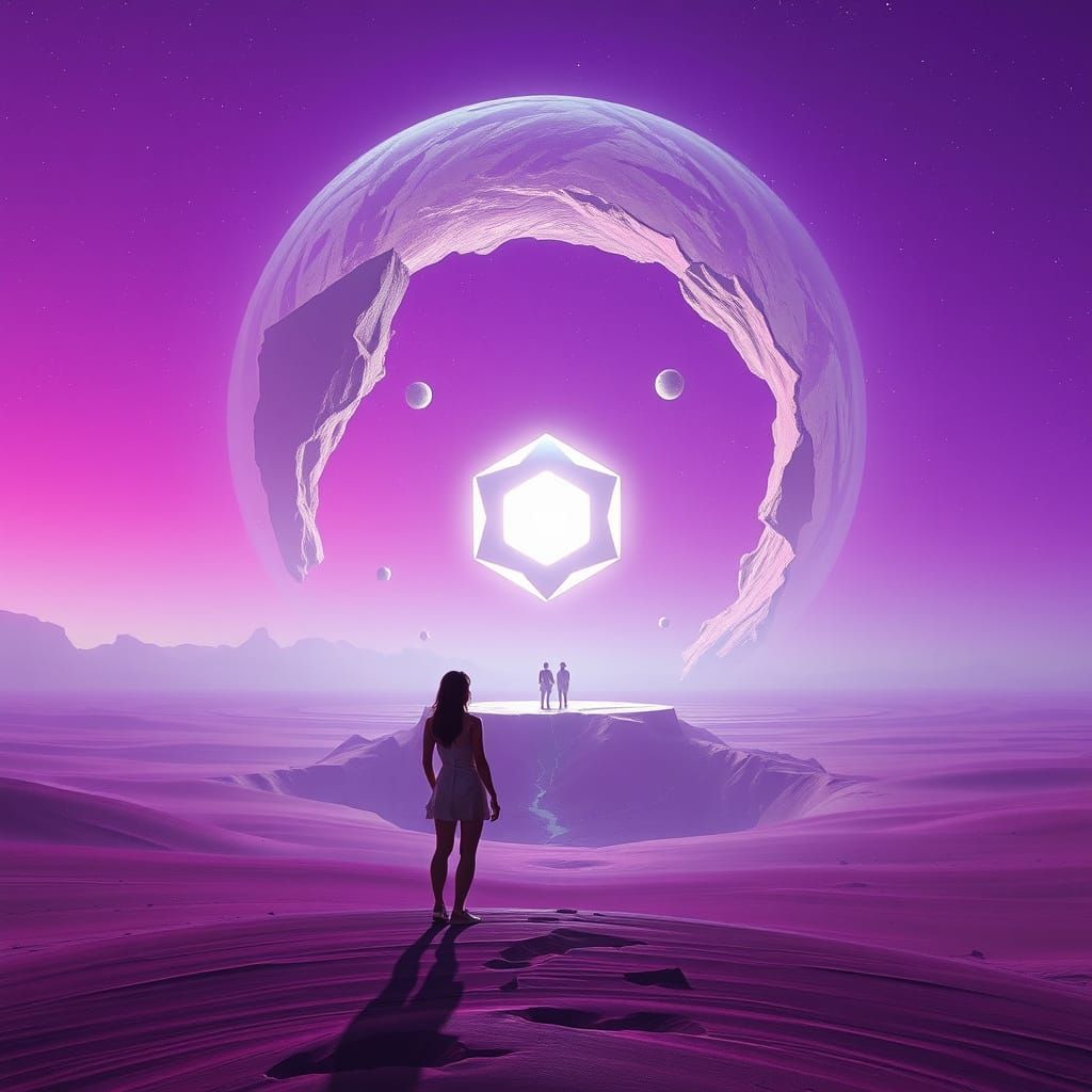 Surreal Metallic Desert Scene with Floating Core