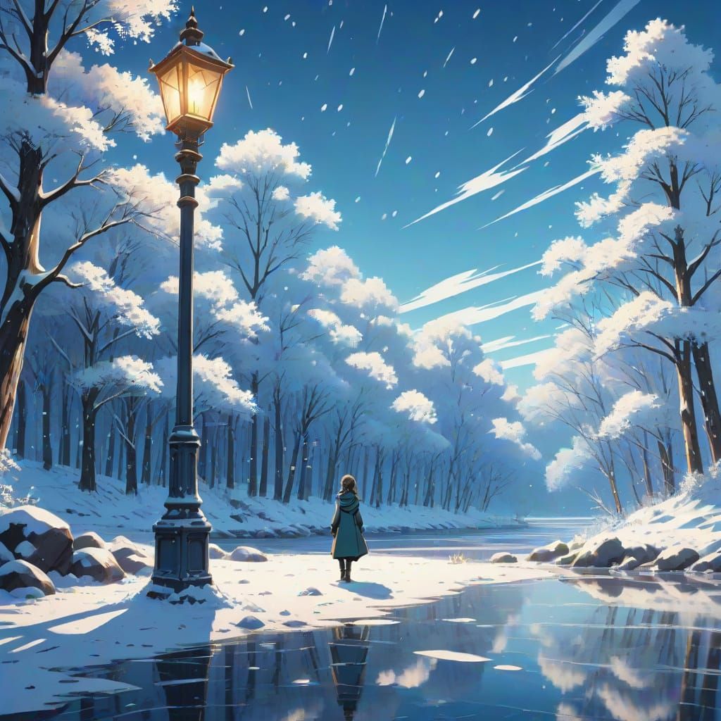 Frozen Lake Scene in Vibrant Cel-Shaded Anime Style