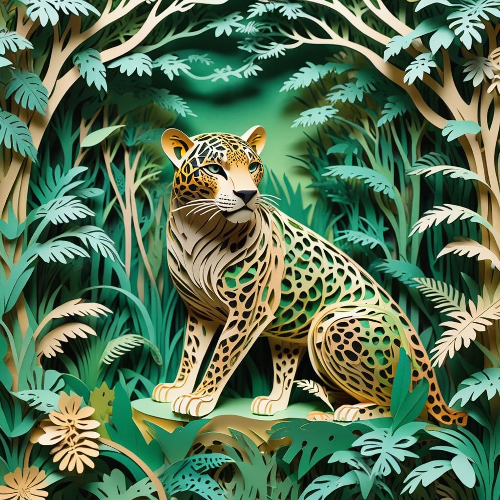 a 3d Kirigami Papercut art stile, a jaguar in Jungle backgro...